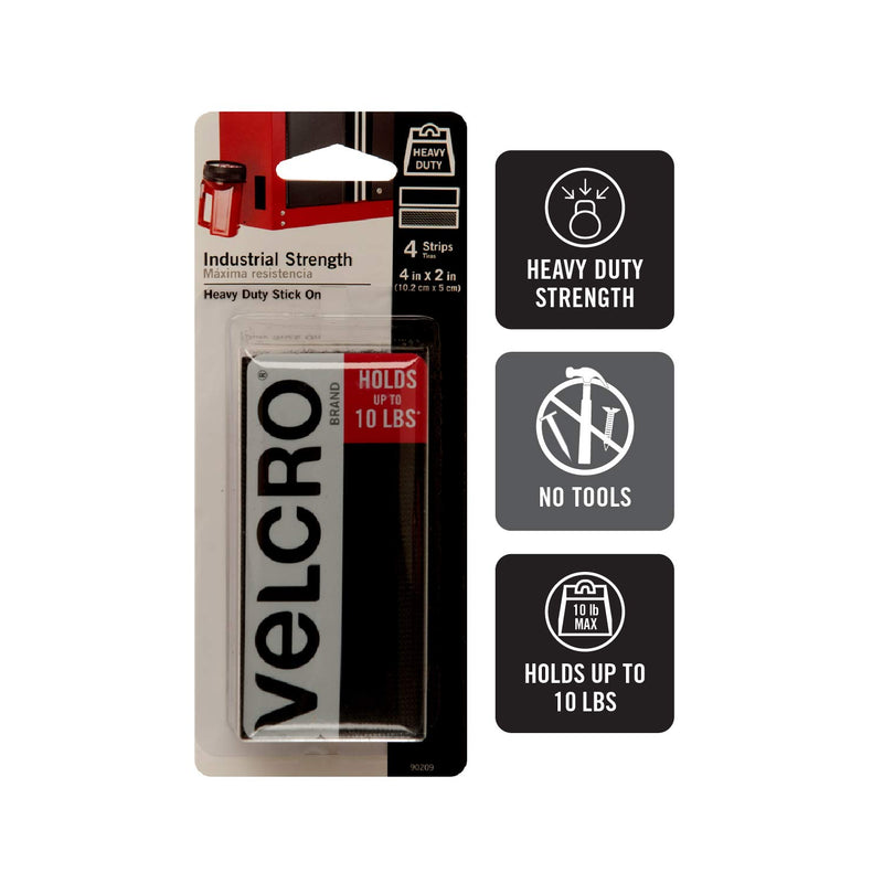 VELCRO Brand Heavy Duty Fasteners | 4x2 Inch Strips 4 Sets | Holds 10 lbs | Stick-On Adhesive Backed | Black Industrial Strength | For Indoor or Outdoor Use, 90209 4in x 2in (4pk) - LeoForward Australia
