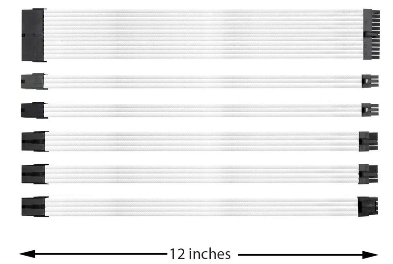 KOTTO Braided ATX Sleeved Cable Extension Kit for Power Supply Cable Kit, PSU Connectors, 24 Pin, 8 Pin, 6 Pin 4 + 4 Pin, 6 Pack, with Cable Comb 24 Pieces Set 24-Pin, 8-Pin, 6-Pin (White) White - LeoForward Australia