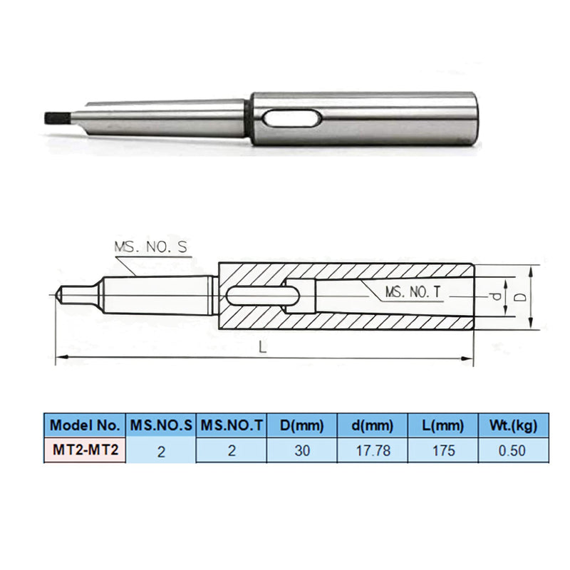  [AUSTRALIA] - Extension Sleeve with External and Internal Morse Taper MT2 to MT2, Precision Version, 30mm Diameter X 175mm Length, Heavy Duty Woodworking Lathe Tailstock Live Center Crown, Drill Tool