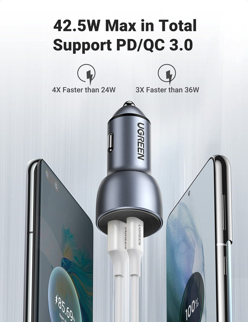 UGREEN USB C Car Charger 42.5W 2 Port All Metal Fast Car Adapter with 20W Power Delivery and 22.5W Quick Charge 3.0 Compatible with iPhone 12 12 Pro Max Mini 11 XS XR 8 iPad Pro Galaxy S21 20 10 - LeoForward Australia
