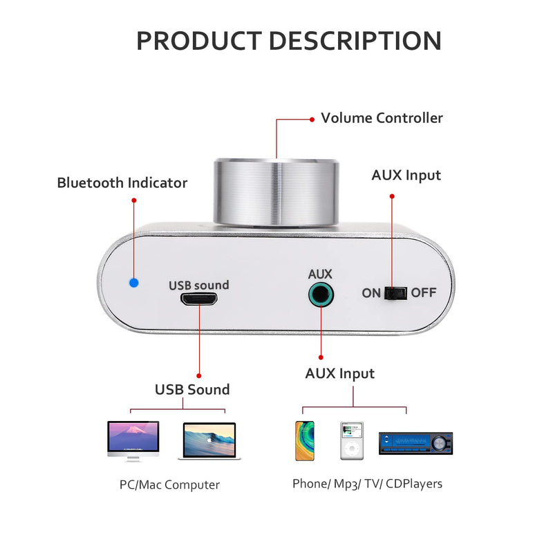  [AUSTRALIA] - Facmogu F900S Mini Bluetooth 5.0 Power Amplifier 80W+80W, Wireless Stereo Hi-Fi Digital Audio Receiver with Power Supply 12V 5A Power Adapter, 2 Channel w/ AUX USB BT Input (Silver) Silver