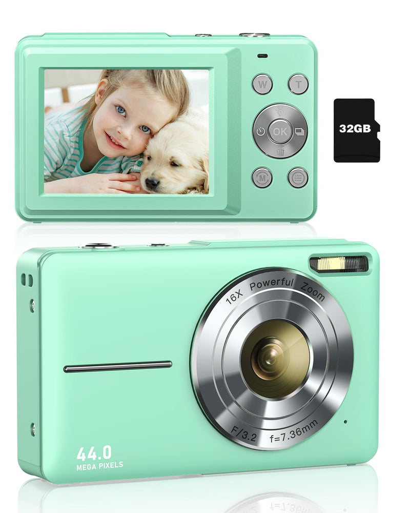  [AUSTRALIA] - Digital Camera, FHD 1080P Kids Camera with 32GB Card, 2 Batteries, Lanyard, 16X Zoom Anti Shake, 44MP Compact Portable Small Point and Shoot Cameras Gift for Kids Student Teens Girl Boy(Apple Green) Apple Green