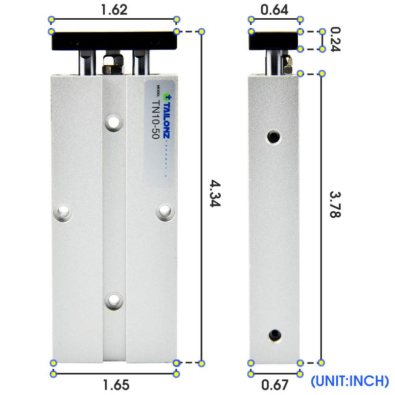 Tailonz Pneumatic 10mm Bore 50mm Stroke Double-Rod Double-Acting Aluminum Pneumatic Air Cylinder TN10-50 Bore:10mm Stroke:50MM - LeoForward Australia