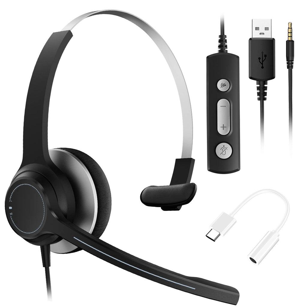  [AUSTRALIA] - Computer USB Headset with Microphone Noise Cancelling, Single-Sided 3.5mm&Type C Headphone with Boom Mic, Inline Volume Control&Mute, Wired PC Headset with Mic for Cell Phone, Laptop, Skype, Ms Teams Wired Connect