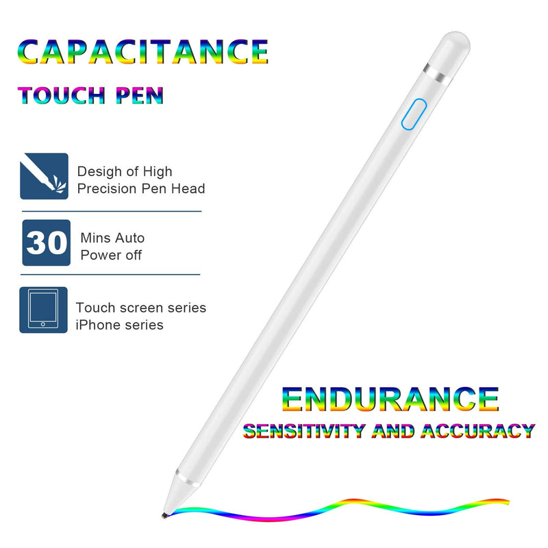  [AUSTRALIA] - Active Stylus Pen for Touch Screens, Rechargeable Pencil Digital Stylus Pen Compatible with iPad and Most Tablet (White) White