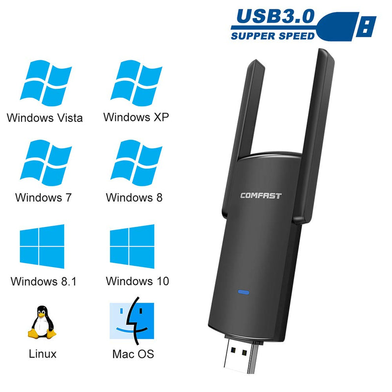 Jojobnj Wireless USB WiFi Adapter, 1300Mbps Dual Band 2.42GHz/400Mbps 5.8GHz/867Mbps High Gain 5dBi Antennas USB 3.0 Wireless Network Adapter for Desktop Laptop with Windows 10/8/7/XP/Vista, Mac OS - LeoForward Australia
