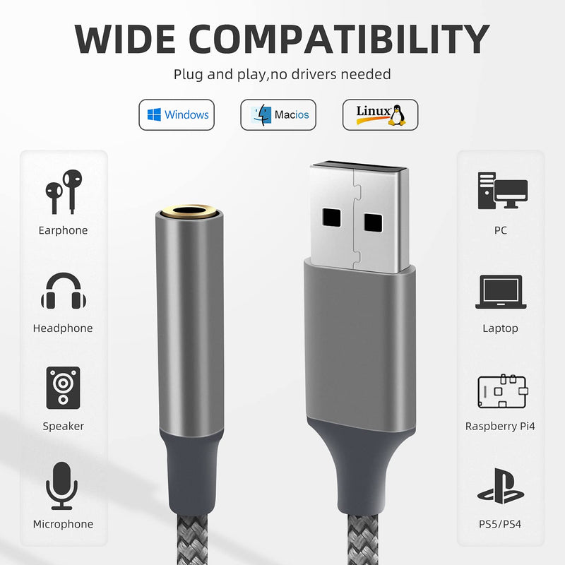  [AUSTRALIA] - ARKTEK USB to Audio Jack Adapter, USB Sound Card Jack Audio Adapter with 3.5mm Aux Converter Compatible with Headset, PC, Laptop, Mac, Switch, Beats, PS4 and More Device (Grey)