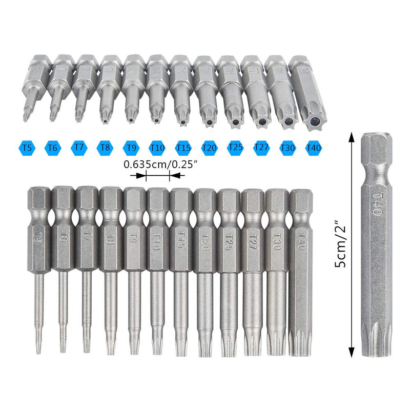 12 Pack Torx Head Screwdriver Bit Set,DanziX 1/4 inch Hex Shank T5-T40 S2 Steel Security Tamper Proof Star 6 Point Screwdriver Tool Kit with 1 Pack Handle 12 Pack（T5-T40）*2 Inch Length - LeoForward Australia