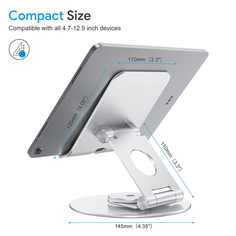  [AUSTRALIA] - Swivel Tablet Stand Holder, Adjustable OMOTON T6 Rotating iPad Stand, Portable Foldable Aluminum Stand for Desk Compatible with iPad Air/Mini, iPad Pro 11/12.9, iPhone，Silver Silver