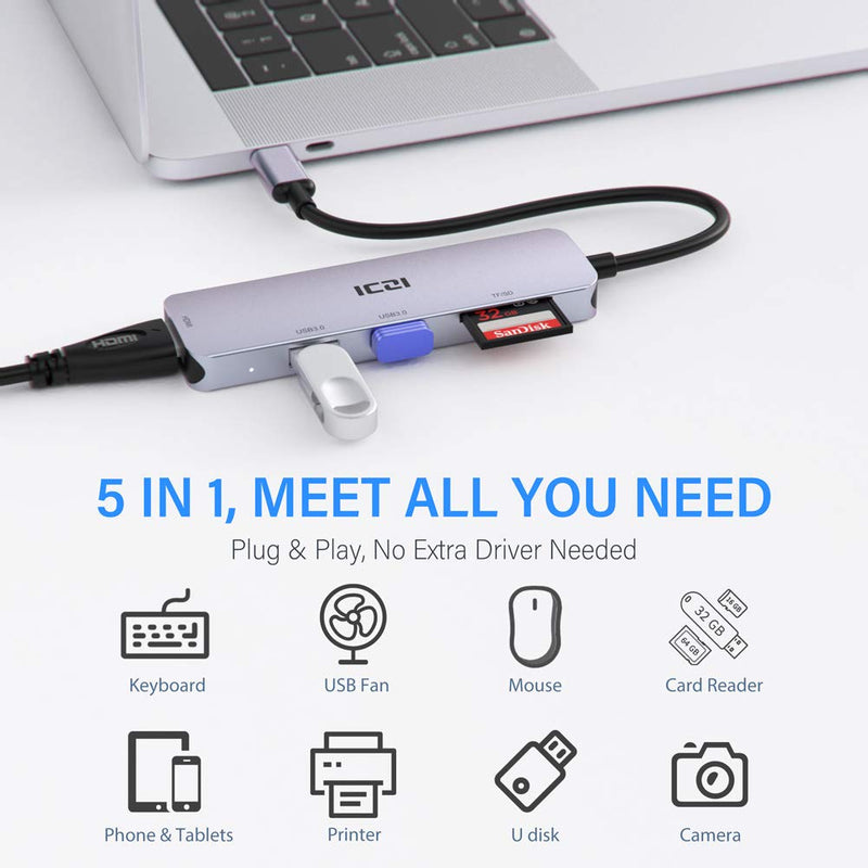 ICZI USB C Hub 5 in 1, 4K HDMI, 2 USB 3.0 Ports, SD/TF Card Reader, Multiport Adapter Compatible for MacBook Pro / Air, XPS, EliteBook, iPad Pro, Type-C / Thunderbolt 3 Devices - LeoForward Australia