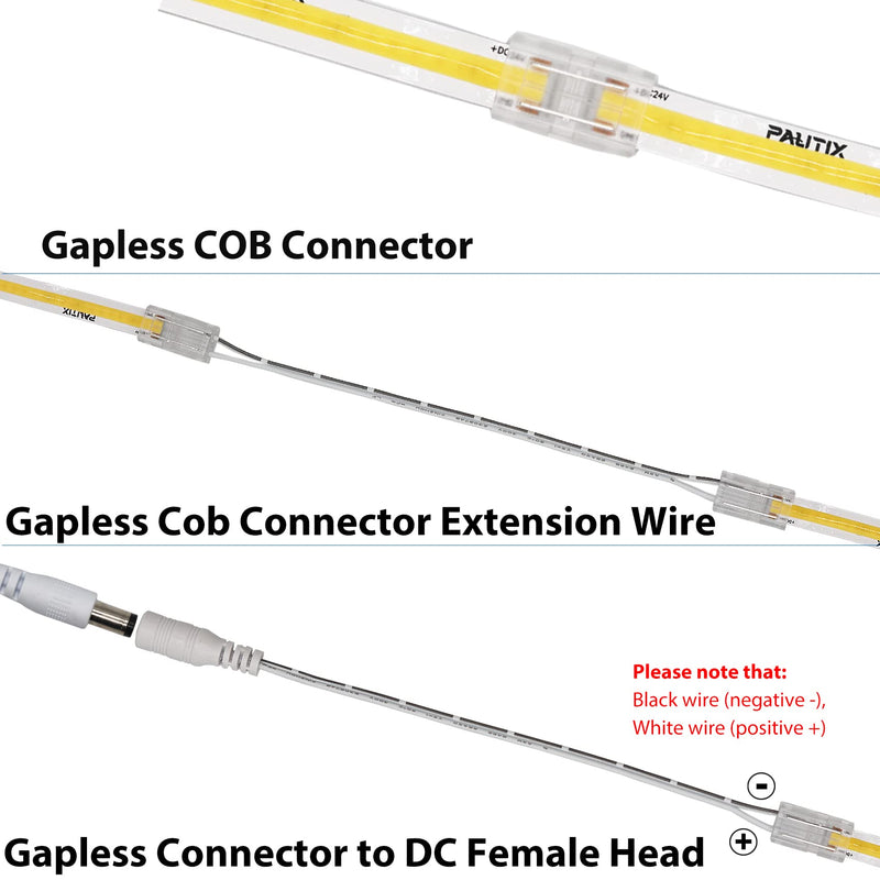  [AUSTRALIA] - COB LED strip connector set for 8mm width COB strip 2Pin, 4 pieces transparent center connectors, 2 pieces L-shape, 1 piece T-shape and 4 pieces dual-end extension wires 15cm with 1 piece DC 8mm COB connector upgraded