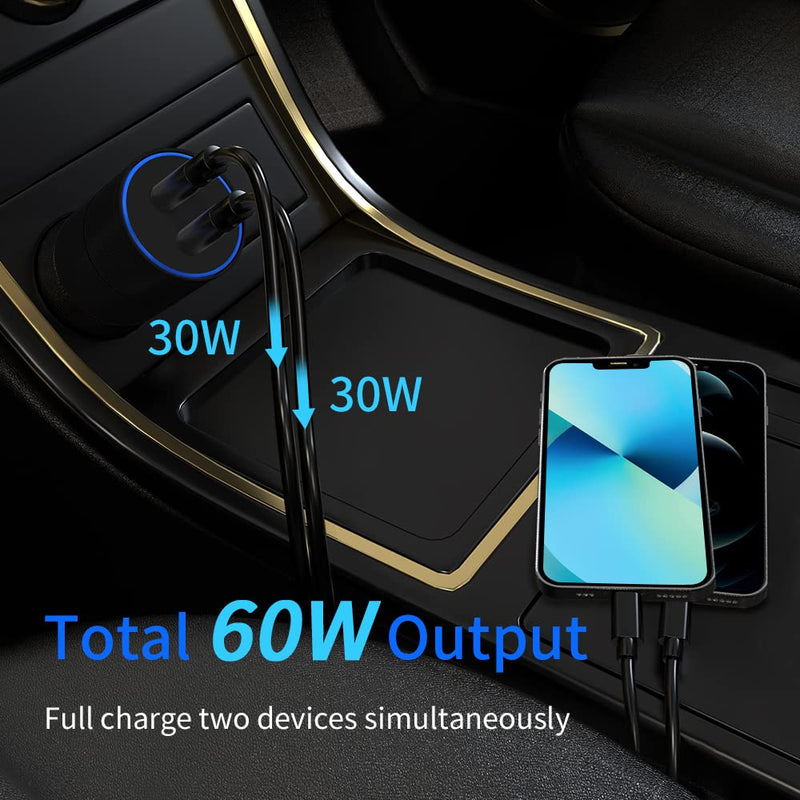  [AUSTRALIA] - WORSORS USB C Car Charger, Dual PD3.0 Port 60W (30W+30W) Fast Charging Adapter Compatible for iPhone 13 Pro Max/13 Pro/13 Mini/12/11/XS/XR/X/8, iPad, 2 Pack 3Ft MFi Certified Type C to Lightning Cable