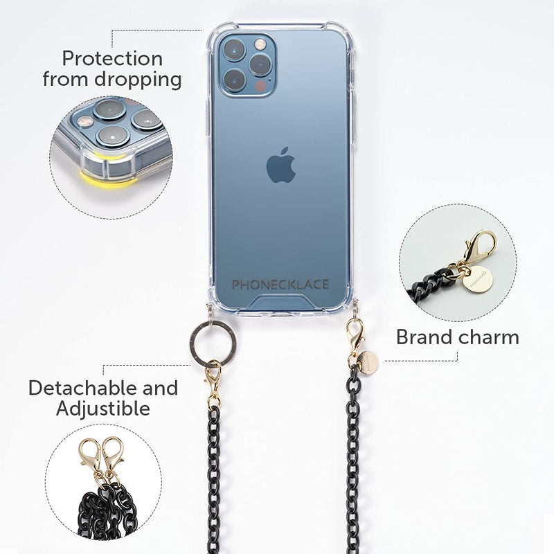  [AUSTRALIA] - Phonecklace iPhone 12Pro Crossbody Phone Case with Adjustible Chain Strap -Shockproof Cellphone Cover with Metal Component for Safe. Detachable Black Coated Chain Strap Basic Shape