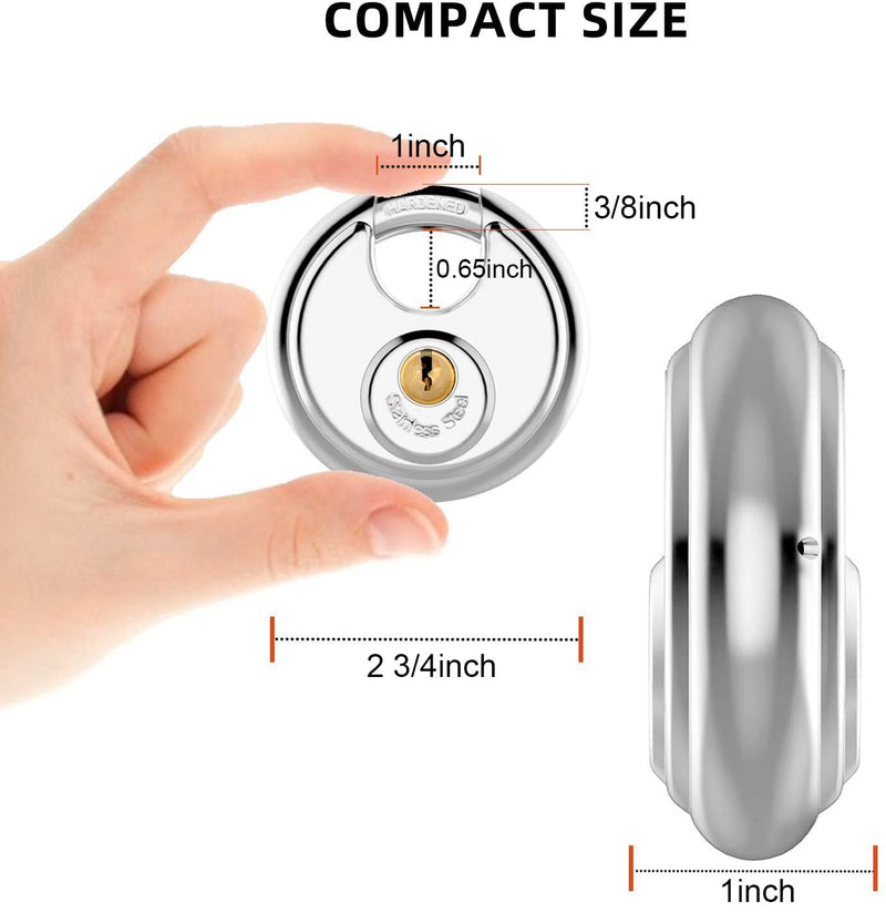  [AUSTRALIA] - Discus Keyed Padlock Disc Storage Locks with Hardened Steel Shackle for Storage Unit, Moving Trailers, Shed, Fence(3/8-Inch Shackle,3keys) Silver