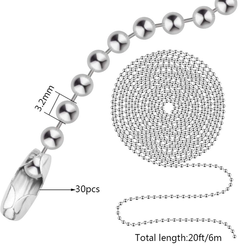  [AUSTRALIA] - Beaded Pull Chain Extension with Connector, 20 Feet Beaded Roller Chain with 30 Connectors for Ceiling Fan Light Lamp (3.2mm, Silver)
