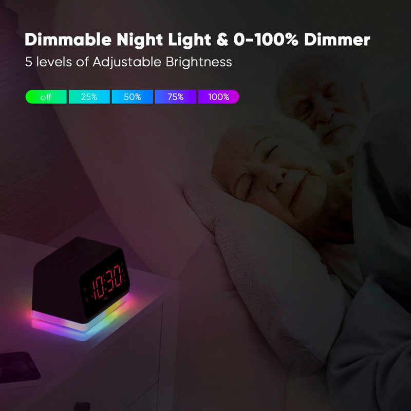  [AUSTRALIA] - Alarm Clock Radio for Bedroom, Small Bedside Alarm Clock with 8 Color Night Light & Time Display, 0-100% Dimmer, 16 Level Volume, Timer Clock, Loud FM Radio Alarm Clock for Heavy Sleepers Adults, Kids