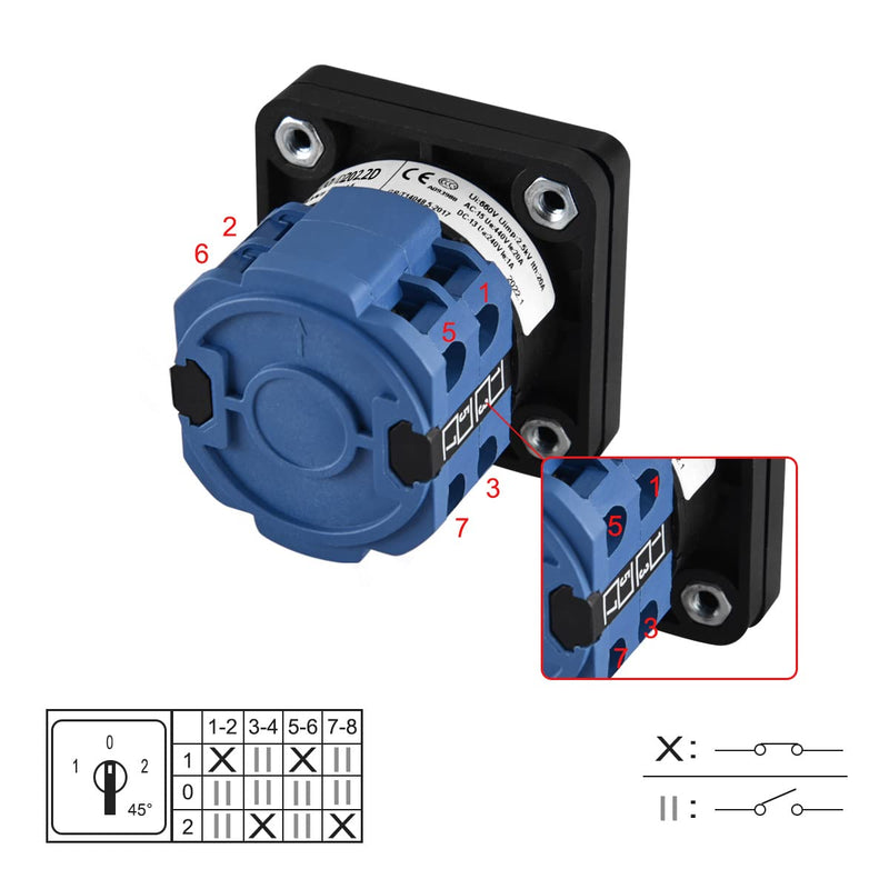  [AUSTRALIA] - Heschen universal rotary switch, SZW26-20/D202.2D, 660V 20A, ON-OFF-ON 3 positions, 2 phases, 8 terminals, with main switch external box (standard box) standard box