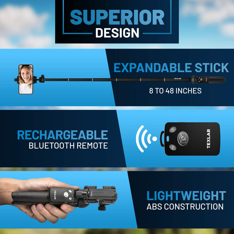  [AUSTRALIA] - Texlar Selfie Stick Tripod 48" with Remote for iPhone 13, 12, 11, XR, X, 8, 7, Pro, Max, Plus, SE, Android Phone, Smartphone - TS48 Pro Small Mini Cellphone Stand