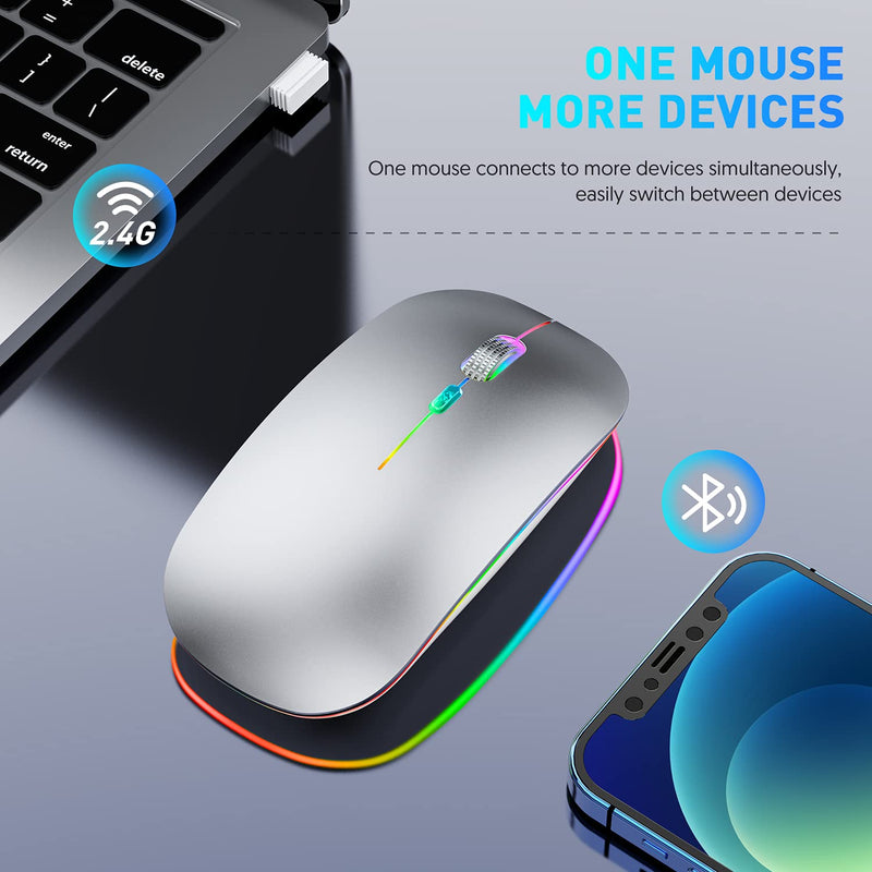  [AUSTRALIA] - Wireless Mouse, Rechargeable Wireless Mouse for MacBook Air (Bluetooth 5.1 + USB) 2.4GHz Portable Optical Silent Office Mouse for MacBook Pro, iPad Air, Laptop, Desktop, Mac, Pc, Computer (Silver) Silver