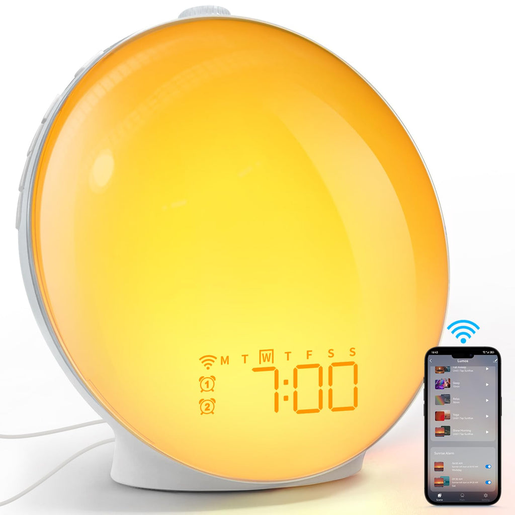  [AUSTRALIA] - Dekala Sunrise Alarm Clock, Smart Wake Up Light, APP Control, Sunrise Sunset Simulation, Sleep Aid Sound Machine, Dual Alarms, FM Radio, Snooze, Natural Sounds, Night Light, Mood Light Smart Version