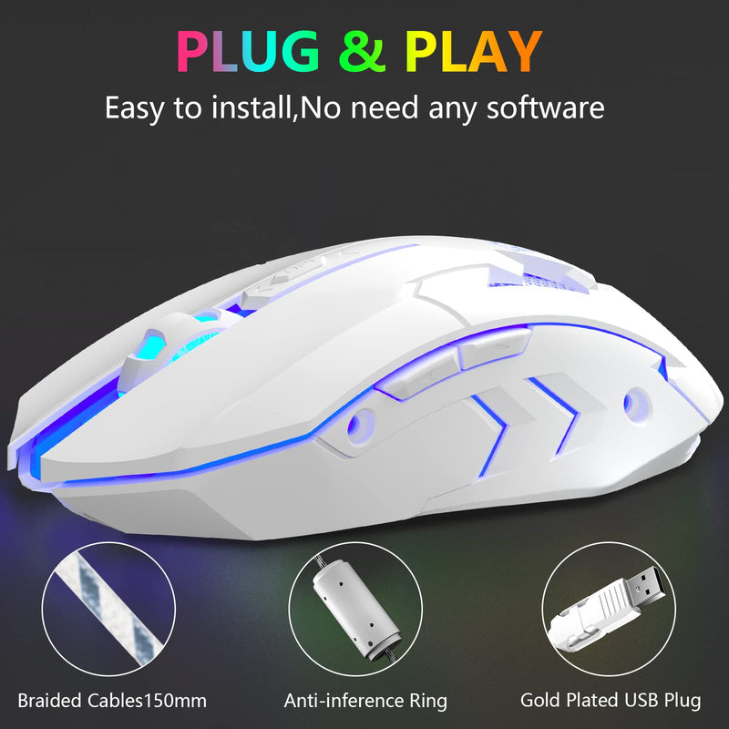  [AUSTRALIA] - FUWANG Wired Gaming Mouse, USB Computer Mouse with RGB Backlit, 7200 DPI Optical Sensor, Ergonomic Gamer Mouse with 6 Programmable Buttons for Windows/PC/Mac/Laptop Gamer White