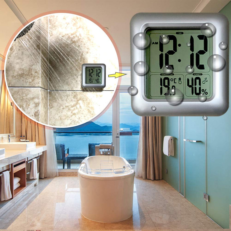 Large Waterproof Bathroom Wall Clock, Big Water Resistant Hanging Shower Clock for Bath Countertop, Moisture Proof Temperature Humidity Meter, [Suction Cup] [Shatterproof Glass] - LeoForward Australia