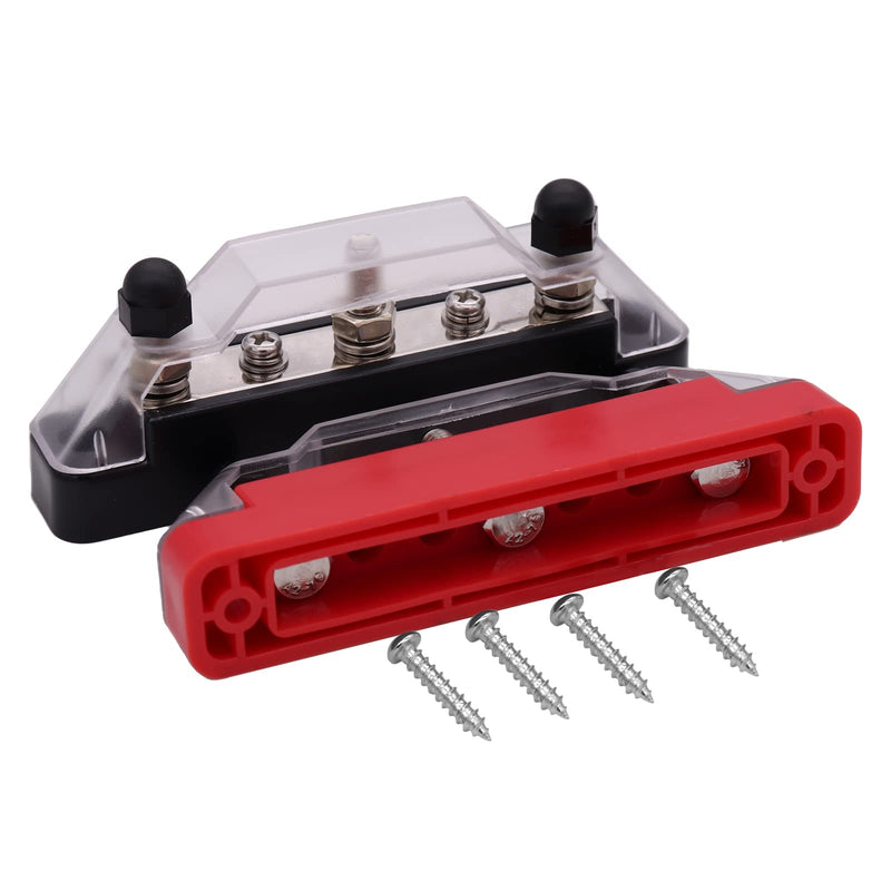  [AUSTRALIA] - ZOOKOTO 150 Amp Rating Bus Bar Power Distribution Block, 3X M6(1/4”) Studs 2X M4(#8) Screw Terminal Block with Cover for Car Boat Marine Caravan RV (Black + Red) 3x M6(1/4”) Studs 2 x M4(#8) Screw