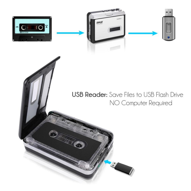  [AUSTRALIA] - 2-in-1 Cassette-to-MP3 Converter Player Recorder - Portable Battery Powered Tape Audio Digitizer, USB Walkman Cassette Player with Manual/Auto Record, 3.5mm Audio Jack, Headphones, Power Cable - Pyle No Bluetooth