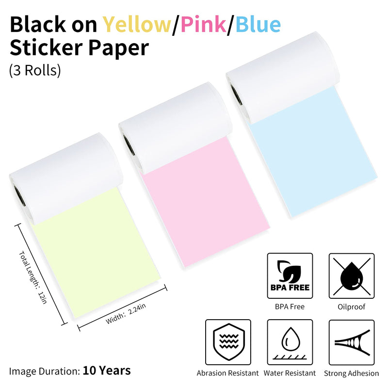  [AUSTRALIA] - Vetbuosa Colorful Thermal Sticker Paper, Adhesive Sticker Paper for Mini Pocket Portable Printer Inkless Bluetooth Pocket Thermal Printer, Black on Blue/Yellow/Pink, 57mm x 3.5m, Diameter 30mm, 3-Roll 57*30mm Color
