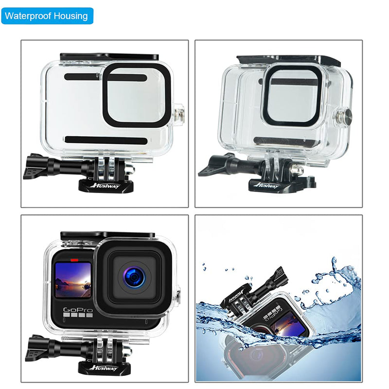  [AUSTRALIA] - Husiway Waterproof Case Housing for GoPro Hero 10 9 Black Tempered Glass Screen Protector Silicone Sleeve Protective Case Replacement Door Accessories Kit Bundle for Gopro10 Gopro9 Go Pro Hero10 Hero9 04E For Gopro9/10 Black
