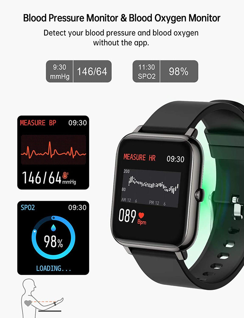  [AUSTRALIA] - Smart Watch, Popglory Smartwatch with Blood Pressure, Blood Oxygen Monitor, Fitness Tracker with Heart Rate Monitor, Full Touch Fitness Watch for Android & iOS for Men Women (Dark)