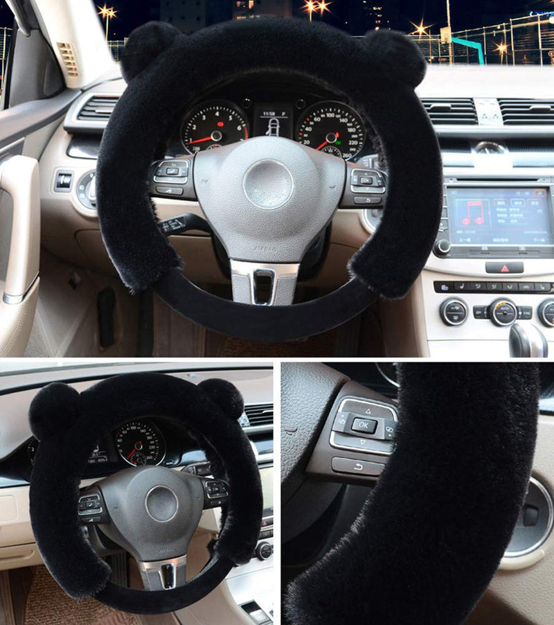  [AUSTRALIA] - Cxtiy Universal Fluffy Steering Wheel Cover Fashion Cute Cartoon Shape Winter Car Warm Covers for Women Girls (15 inch, Black) 15 inch