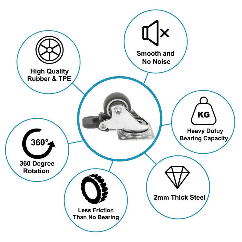  [AUSTRALIA] - Luomorgo 4 Pack 1" Caster Wheels with Brakes Rubber Swivel Heavy Duty Casters with 360 Degree Top Plate, 100 lbs Total Capacity Caster, 20 Screws & A Handy Screwdriver for Free