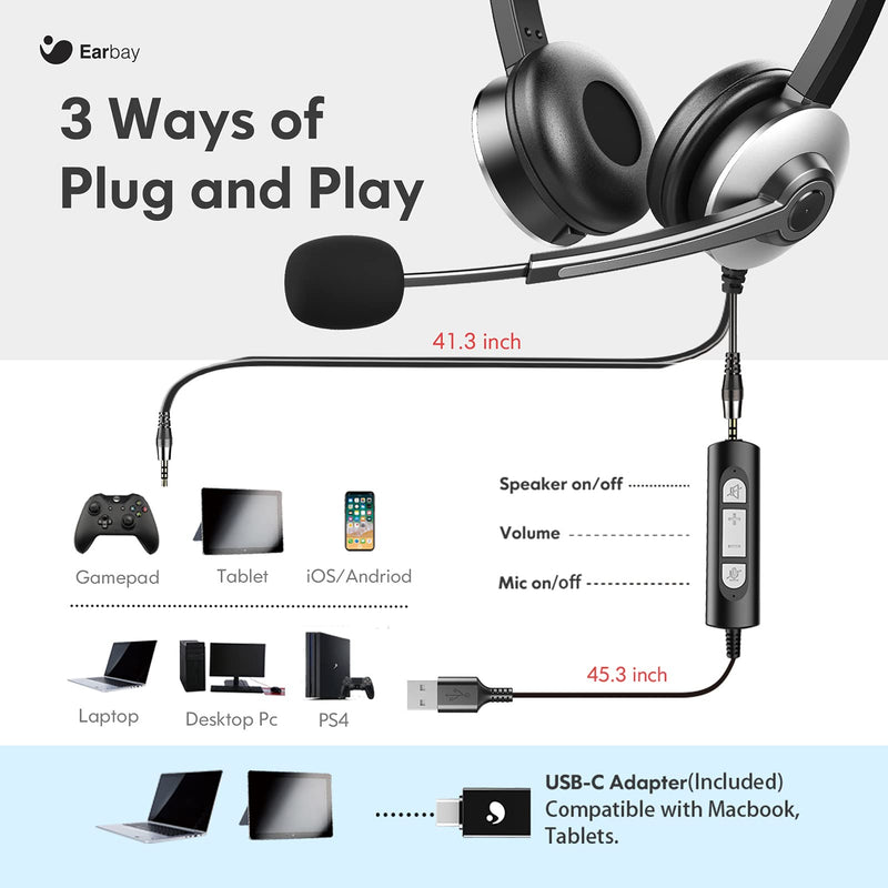  [AUSTRALIA] - USB Headset with Microphone for PC, Wired Headphones with Mic Noise Cancelling, USB C Headphone Adapter, in-Line Control with Mute, All Platforms & Apps, Skype,Zoom,Ms Teams,Cell Phone,Laptop,Tablet
