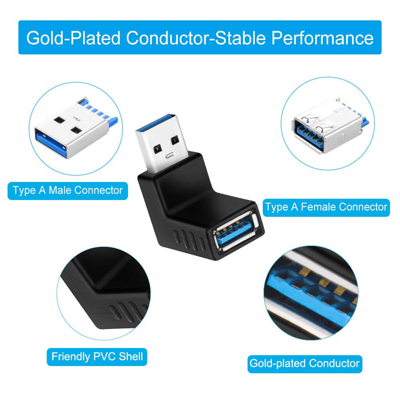 [6 Pack] ELUTENG USB 3.0 90 Degree Right Angle USB Extender Adapter Male to Female USB 3.0 Super Speed Connector UP Down / Left Right USB Extender Coupler Vertical L Shape for USB Devices - LeoForward Australia