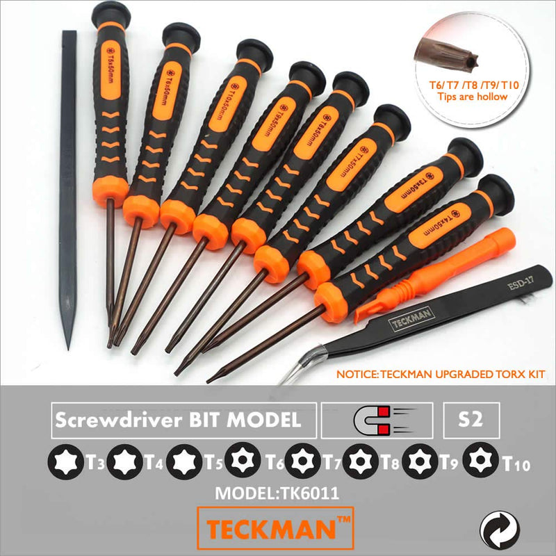  [AUSTRALIA] - TECKMAN 11 in 1 Torx Screwdriver Set with T3 T4 T5 T6 T7 T8 T9 T10 Security Torx Screwdriver & Tweezer,Magnetic Screwdrivers Precision Repair Kit for Xbox,PS4,Macbook,Computer,Ring Doorbell & Knife