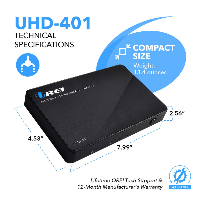  [AUSTRALIA] - OREI 4 X 1 Ultra HD HDMI Switcher with Audio Extractor IR Remote - Supports Upto 4K @ 60Hz - (4 Input, 1 Output) Switch, Hub, Port for Cable, HD TV, Laptop, MacBook & More