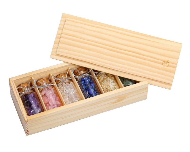  [AUSTRALIA] - PESOENTH 6 Mini Healing Crystals and Gemstones Glass Bottles Tumbled Crushed Chips Stones Set with Wooden Box for Reiki Chakra, Balancing, Meditation, Wicca, Wish Luck Decoration,DIY Jewelry Making