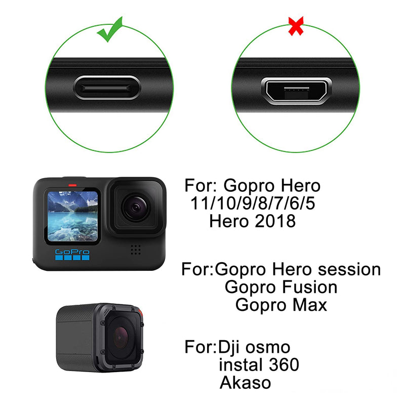  [AUSTRALIA] - Suptig Charging Cable Type-C Charging Cable 2 Pack Compatible for Gopro Hero 11 Hero 10 Hero 9 Hero 8 Hero 7 Black Gopro Max Hero 7 Silver Hero 7 White Hero 6 Gopro Hero 5 Hero5 Session Hero 2018