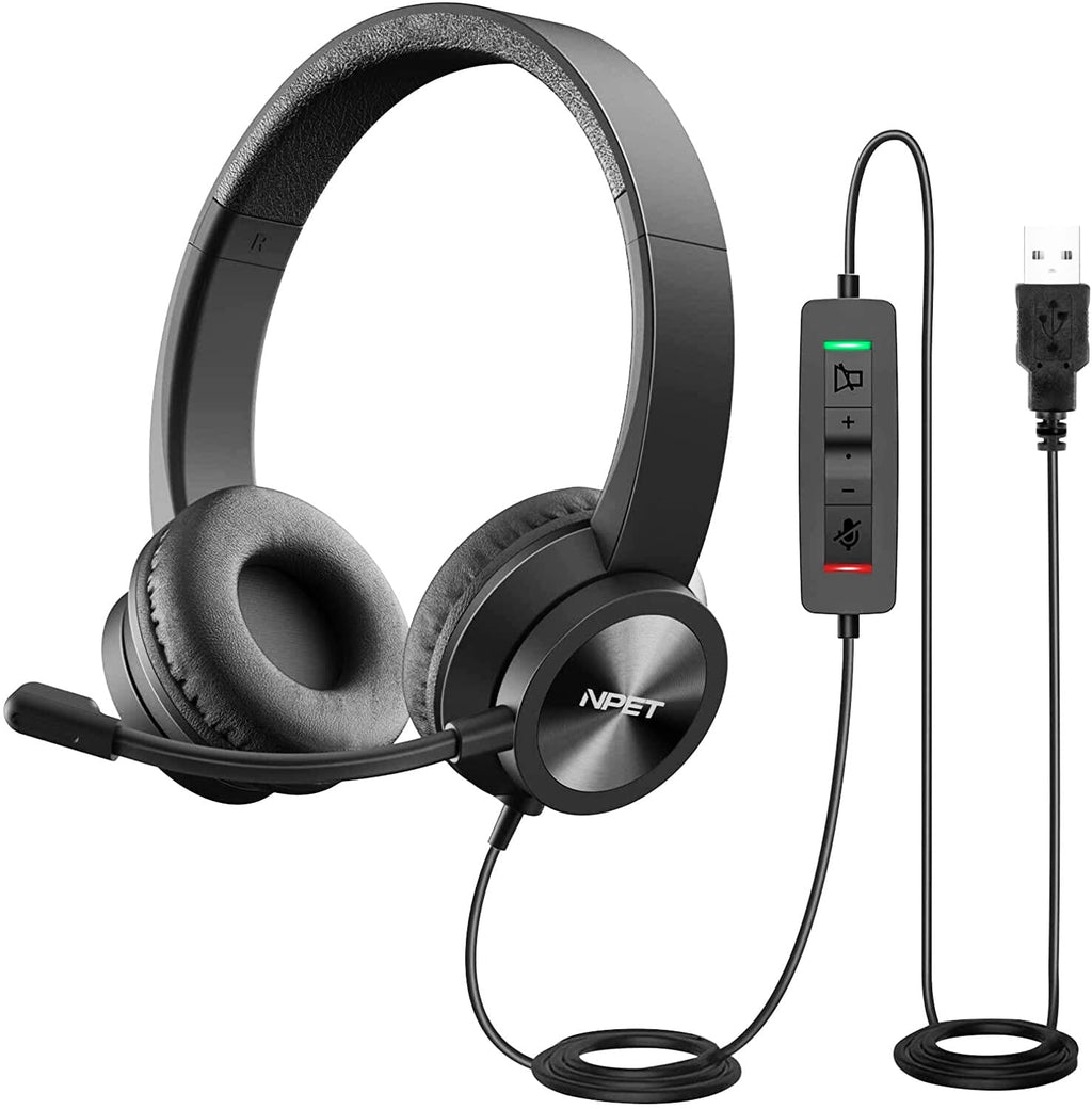  [AUSTRALIA] - NPET CH20 USB Headset, Stereo Headphones with Noise-Cancelling Microphone, in-Line Control, PC/Mac/Laptop, Black USB Connection