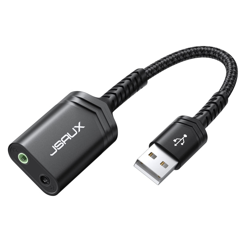  [AUSTRALIA] - USB to 3.5mm Jack Audio Adapter, JSAUX USB Audio Adapter External Stereo Sound Card with 3.5mm Headphone and Microphone Jack Compatible with Windows, MAC, Linux, PC, Laptop, Desktops, PS5, PS4-Black black