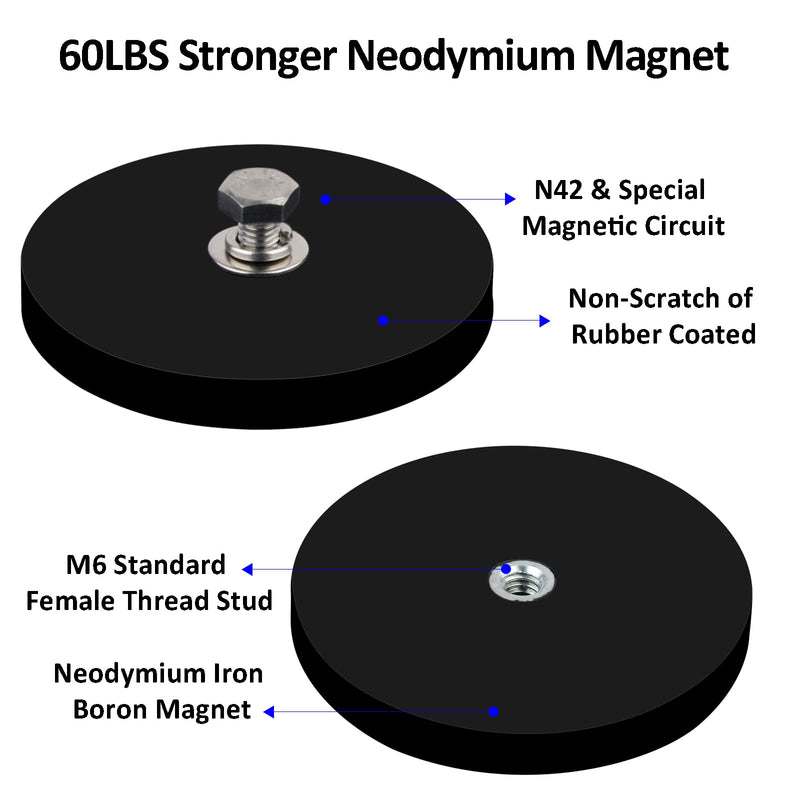  [AUSTRALIA] - ULIBERMAGNET 2Pack Rubber Coated Magnet with M6 Female Thread Stud, Anti-Scratch 60lb Strong Neodymium for Camera, Outdoor Light Bar, Signal Lights and Tools C66 mm # M6 Female Thread 60lb