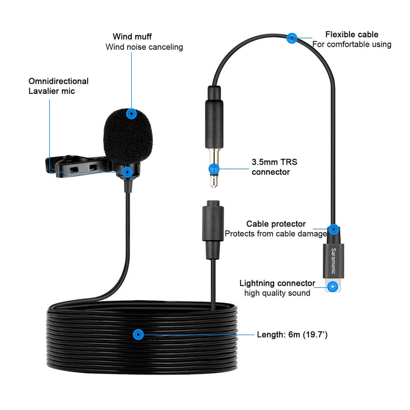  [AUSTRALIA] - Lavalier Lightning Microphone, Saramonic LavMicro U1B Universal Lapel Mic with Lightning Plug Adapter Compatible with iPhone 13 12 11 X MAC iPad YouTube Video Facebook Live (20ft)