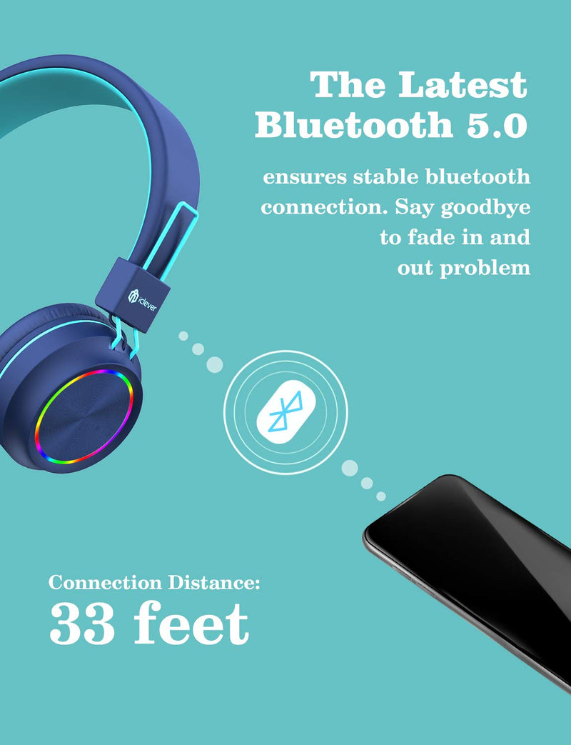  [AUSTRALIA] - iClever BTH03 Kids Headphones, Colorful LED Lights Kids Bluetooth Headphones with MIC, 25H Playtime, Stereo Sound, Bluetooth 5.0, Foldable, Childrens Headphones on Ear for Study Tablet Airplane, Blue 1 Pack