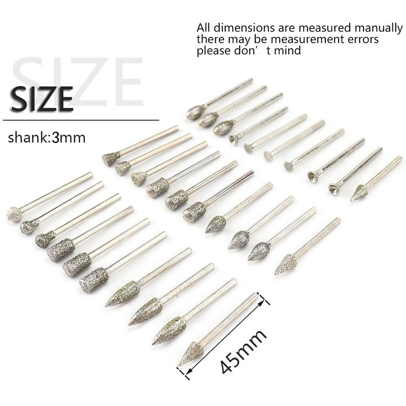 30Pcs Diamond Grinding Burr Drill Bit Mix Set with 1/8-inch Shank 10 Style Grit 60 Diamond Coated Grinding Head For Rotary Tools Stone Carving Accessories Bit Universal Fitment - LeoForward Australia