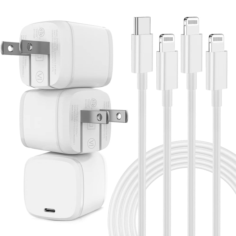  [AUSTRALIA] - 6Pack iPhone 14/13/12 Fast Charger Block(3Pcs), Apple MFi Certified 20W USB C Wall Charger Foldable Portable Plug with 3ft/6ft/10ft USB C to Lightning Cable for iPhone 14 13 12 11 Pro Max/XS/(White) White
