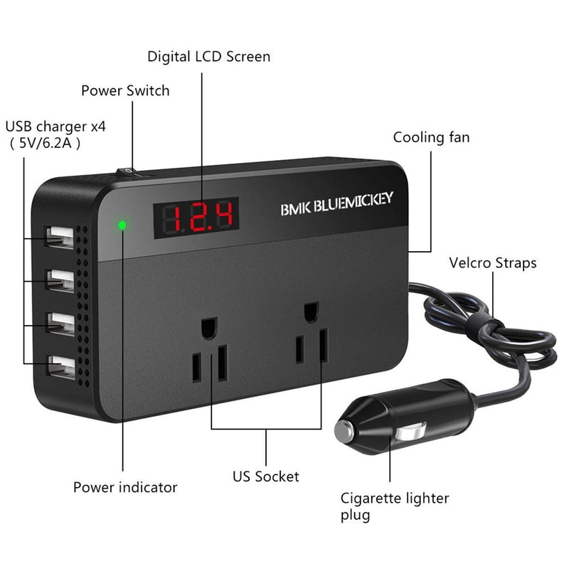  [AUSTRALIA] - BMK 200W Car Power Inverter DC 12V to 110V AC Car Inverter 4 USB Ports Charger Adapter Car Plug Converter with Switch and Current LCD Screen