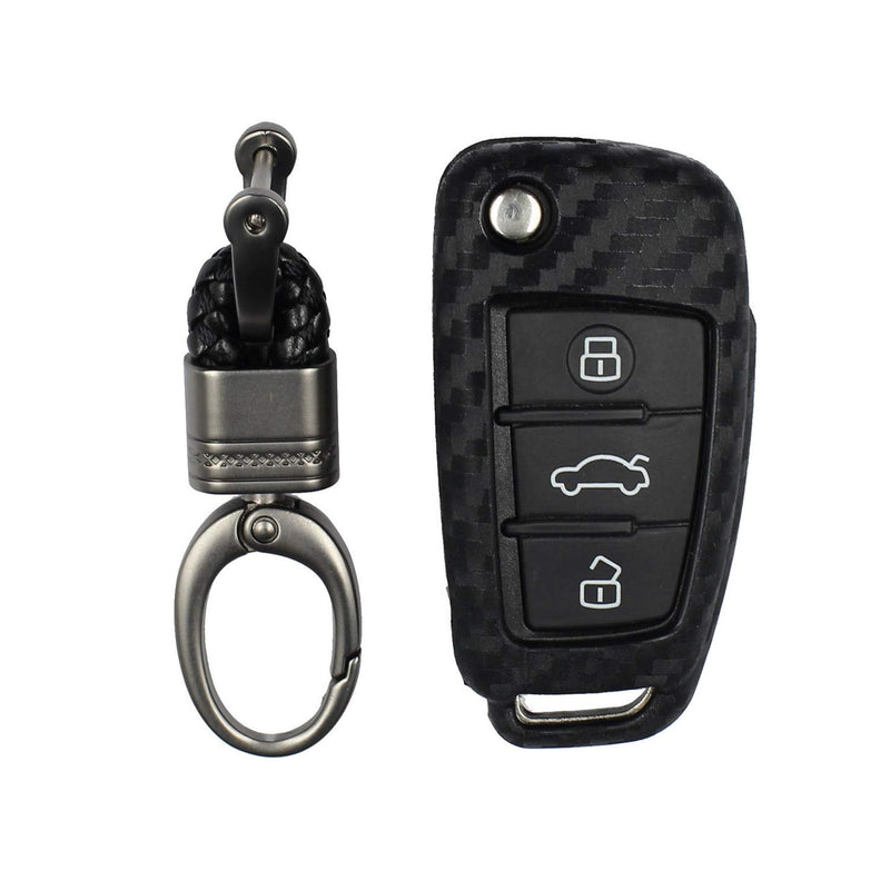  [AUSTRALIA] - M.JVisun Soft Silicone Rubber with Carbon Fiber Texture Pattern Cover Protector for Audi Key Fob, Car Keyless Entry Remote Key Fob Case for Audi A1 A3 S3 Q3 Q7 R8 TT Fob Key - Black - Weave Keychain