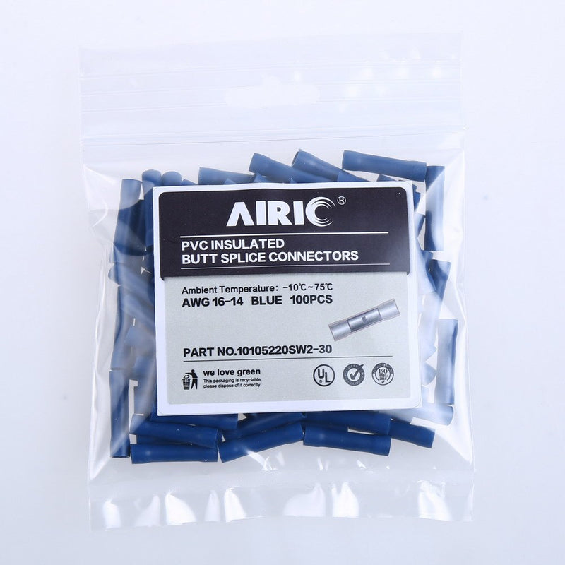  [AUSTRALIA] - AIRIC Blue Butt Connectors Crimp 100pcs 16-14AWG Butt Connector Fully Insulated PVC Wire Butt Splice Connectors, 16-14 Gauge Blue(16-14AWG) 100 pcs