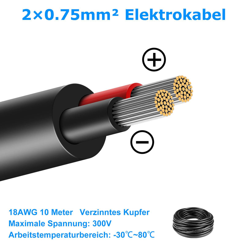  [AUSTRALIA] - 10 meters 18AWG 2x0.75mm² electrical wire, 2 core cable 5V/12V/24V power cable tinned copper cable, flexible and soft low impedance high temperature resistance extension cable 10 meters 18AWG-2C (2x0.75mm²)